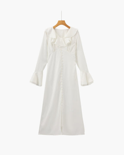 Pearl Button Ruffle Midi Kleid
