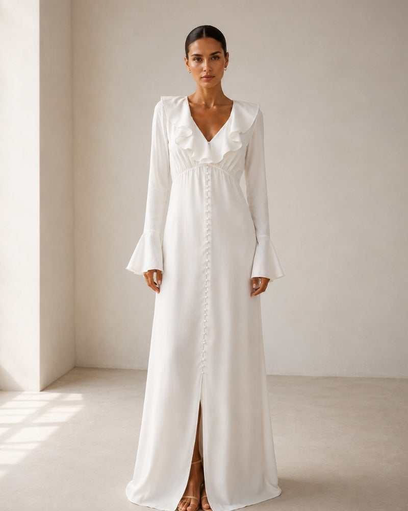 Pearl Button Ruffle Midi Kleid