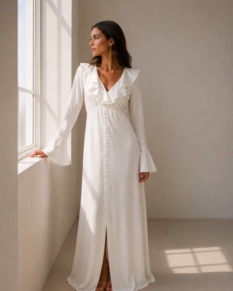 Pearl Button Ruffle Midi Kleid